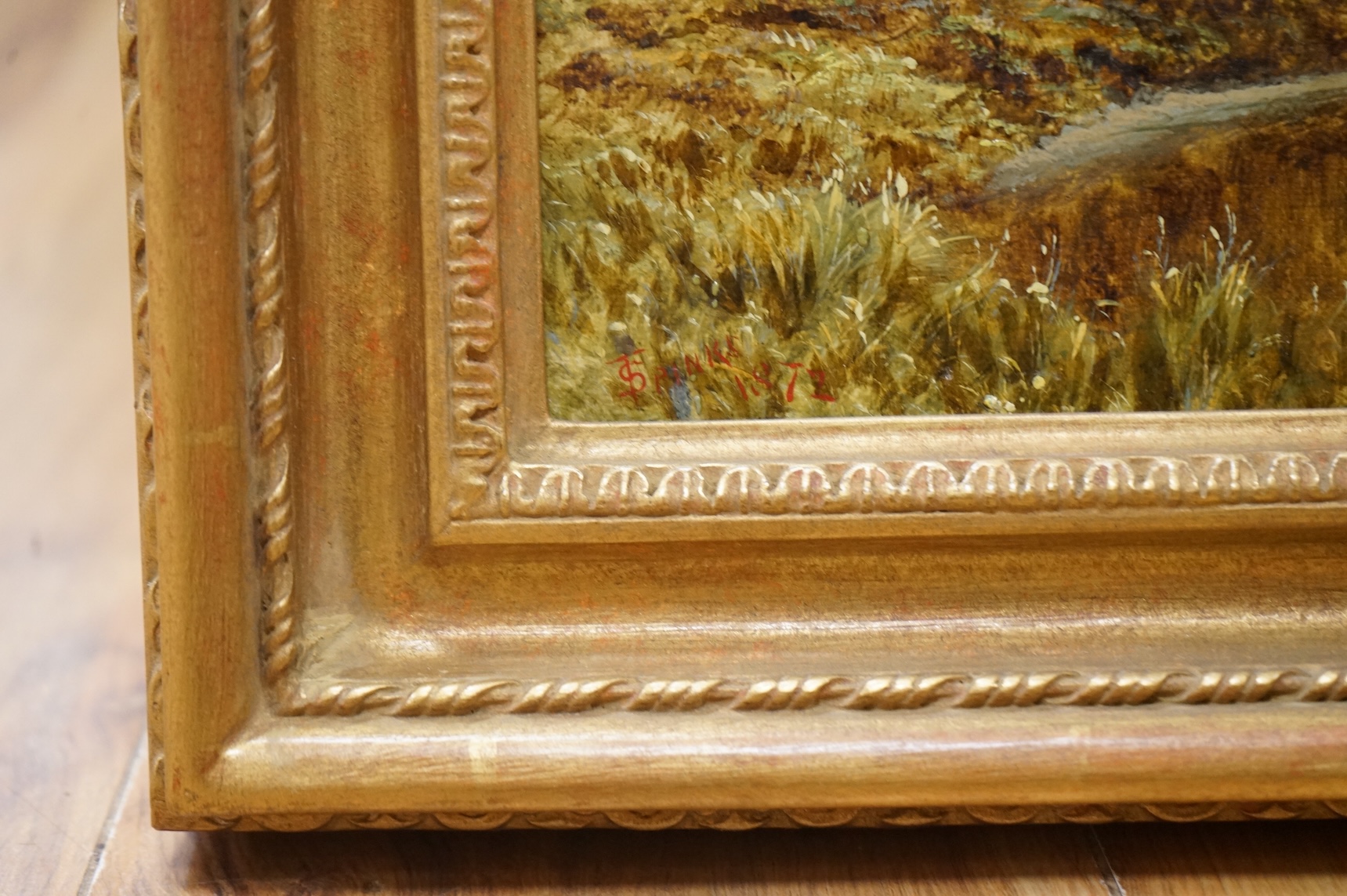 Thomas Spinks (1847-1927), ‘View in Derbyshire’, signed and dated 1872, Eastbourne Fine Art label verso, oil on canvas, ornate gilt frame, 29 x 54cm